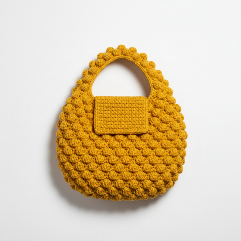 Crochet Bobble Bag Pattern - Textured Mustard Gold Tote with Bobble Stitch Design