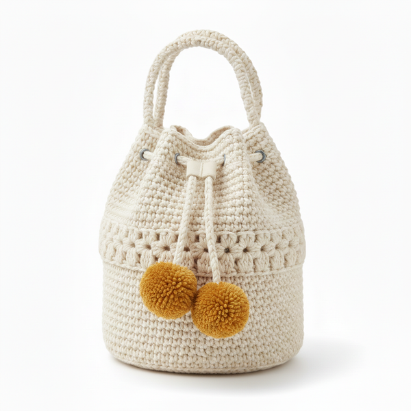 Crochet Bucket Bag Pattern PDF - Flower Detail Drawstring Purse