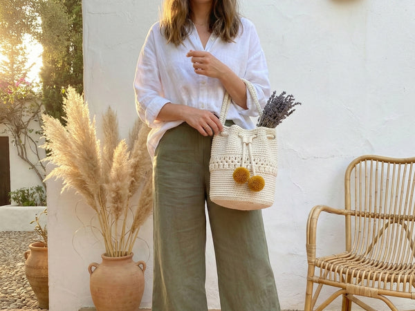 Crochet Bucket Bag Pattern PDF - Flower Detail Drawstring Purse