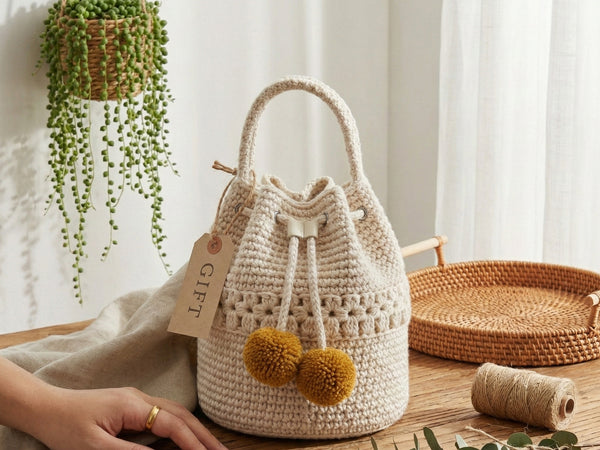 Crochet Bucket Bag Pattern PDF - Flower Detail Drawstring Purse