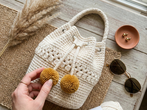 Crochet Bucket Bag Pattern PDF - Flower Detail Drawstring Purse