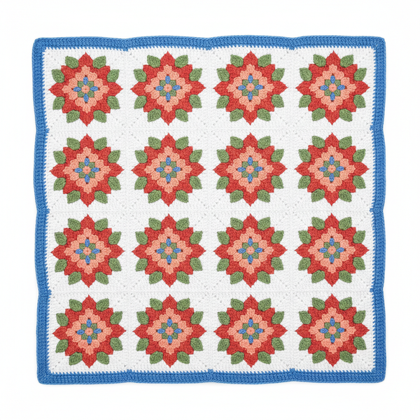 Crochet Flower Blanket Pattern - Vibrant Floral Granny Square Throw with Peach Red Green Blue Motifs