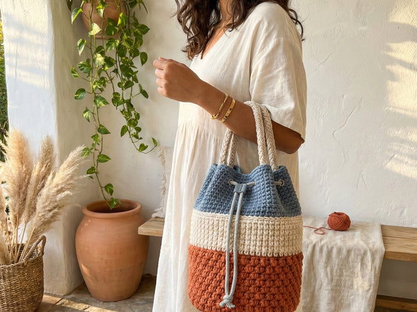 Crochet Bucket Bag Pattern PDF - Modern Color Block Puff Stitch Purse - 5 Versions Instant Download