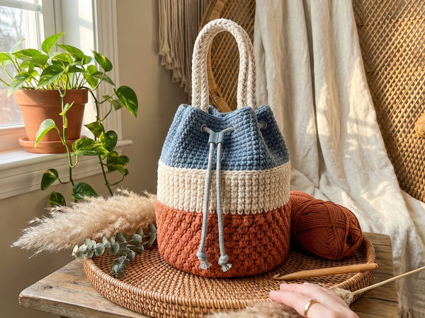 Crochet Bucket Bag Pattern PDF - Modern Color Block Puff Stitch Purse - 5 Versions Instant Download