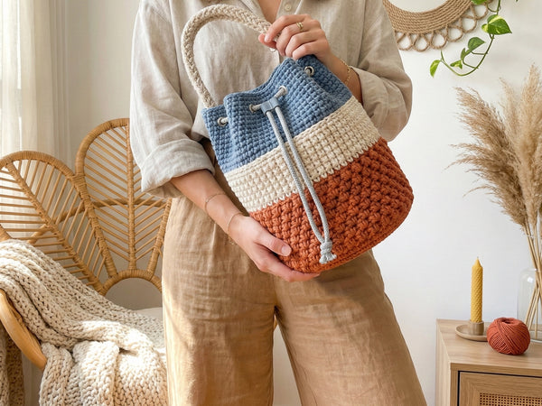Crochet Bucket Bag Pattern PDF - Modern Color Block Puff Stitch Purse - 5 Versions Instant Download