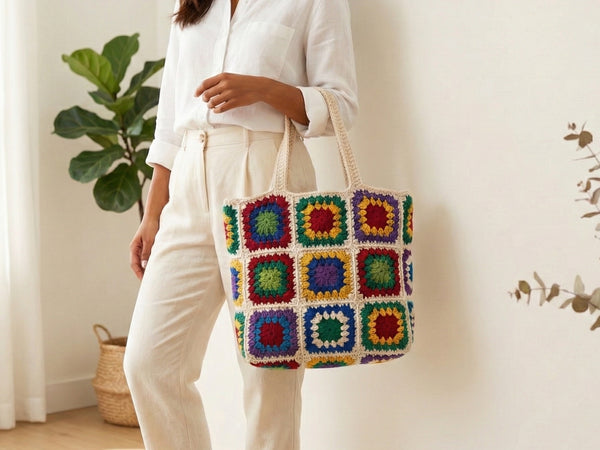 Crochet Granny Bag Pattern PDF - Colorful Tote 5 Versions US UK FR IT - Instant Download