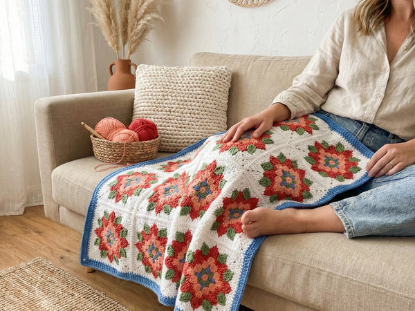 Crochet Flower Blanket Pattern - Vibrant Floral Granny Square Throw with Peach Red Green Blue Motifs