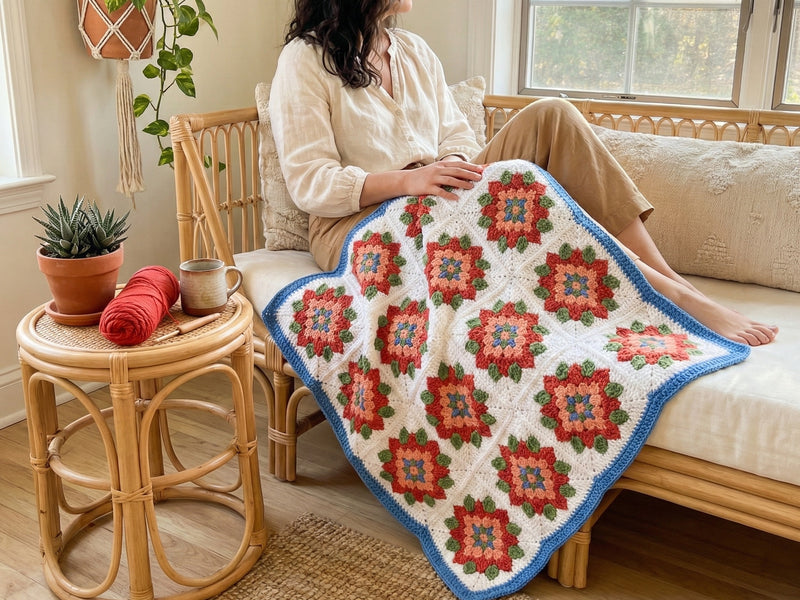 Crochet Flower Blanket Pattern - Vibrant Floral Granny Square Throw with Peach Red Green Blue Motifs