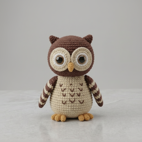 Crochet Owl Pattern - Charming Amigurumi Owl Stuffed Animal with Brown Plumage and Gold Accents