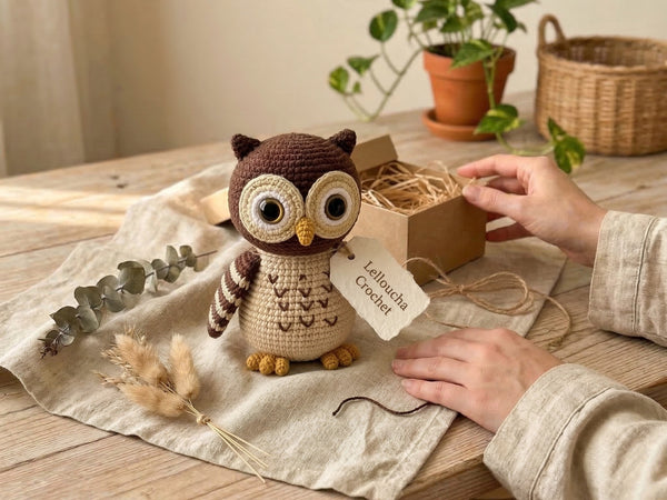 Crochet Owl Pattern - Charming Amigurumi Owl Stuffed Animal with Brown Plumage and Gold Accents