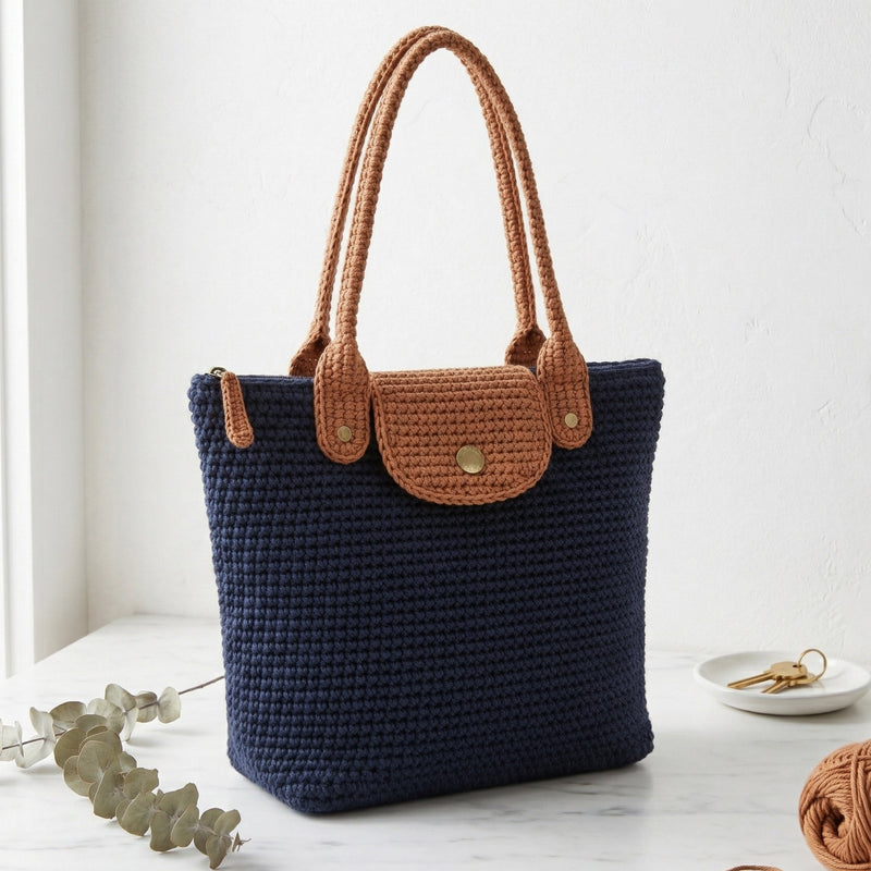 Crochet Tote Bag Pattern - Chic Two-Tone Structured Bag with Magnetic Clasp Closure