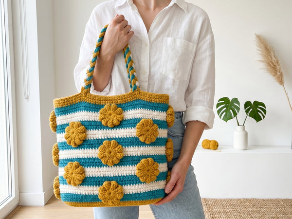 Crochet Striped Tote Bag Pattern - Cheerful Mustard and Teal Textured Market Bag