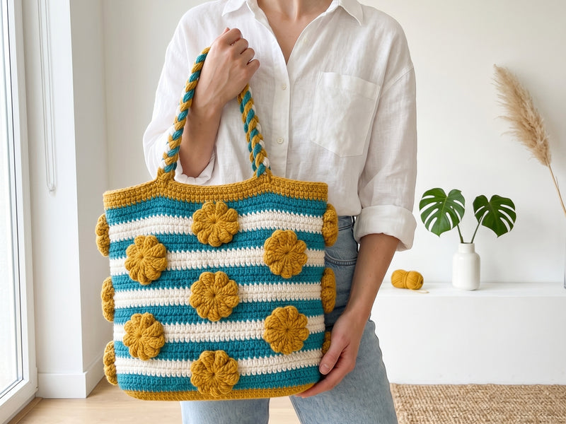 Crochet Striped Tote Bag Pattern - Cheerful Mustard and Teal Textured Market Bag