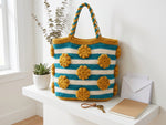 Crochet Striped Tote Bag Pattern - Cheerful Mustard and Teal Textured Market Bag
