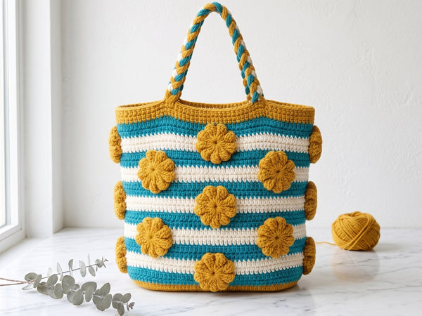 Crochet Striped Tote Bag Pattern - Cheerful Mustard and Teal Textured Market Bag