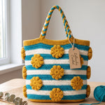Crochet Striped Tote Bag Pattern - Cheerful Mustard and Teal Textured Market Bag