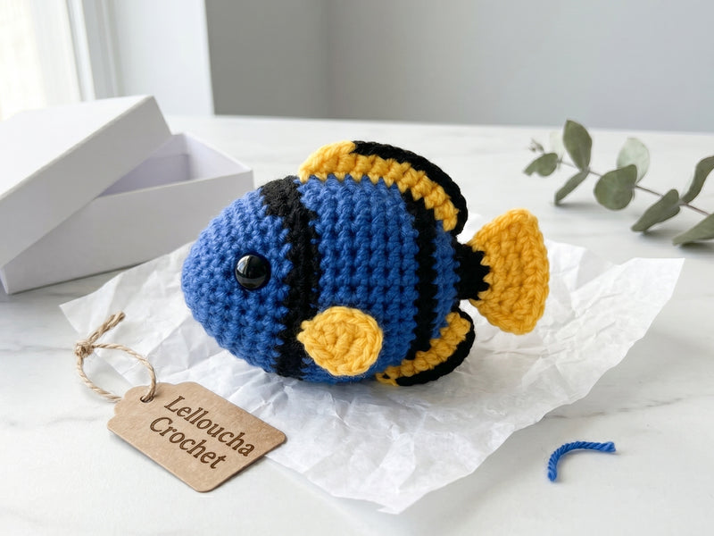 Crochet Tropical Fish Pattern - Colorful Amigurumi Ocean Toy with Vibrant Blue and Yellow Design