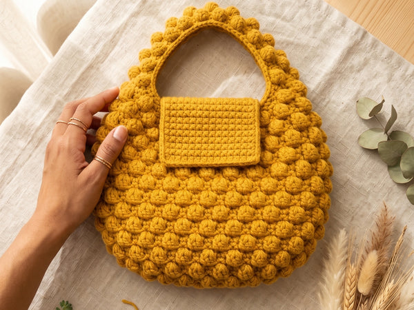 Crochet Bobble Bag Pattern - Textured Mustard Gold Tote with Bobble Stitch Design