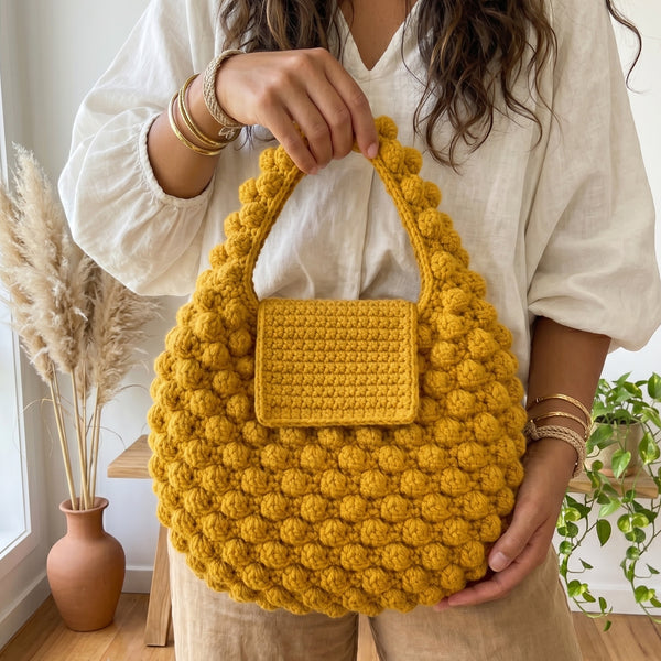 Crochet Bobble Bag Pattern - Textured Mustard Gold Tote with Bobble Stitch Design