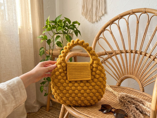Crochet Bobble Bag Pattern - Textured Mustard Gold Tote with Bobble Stitch Design