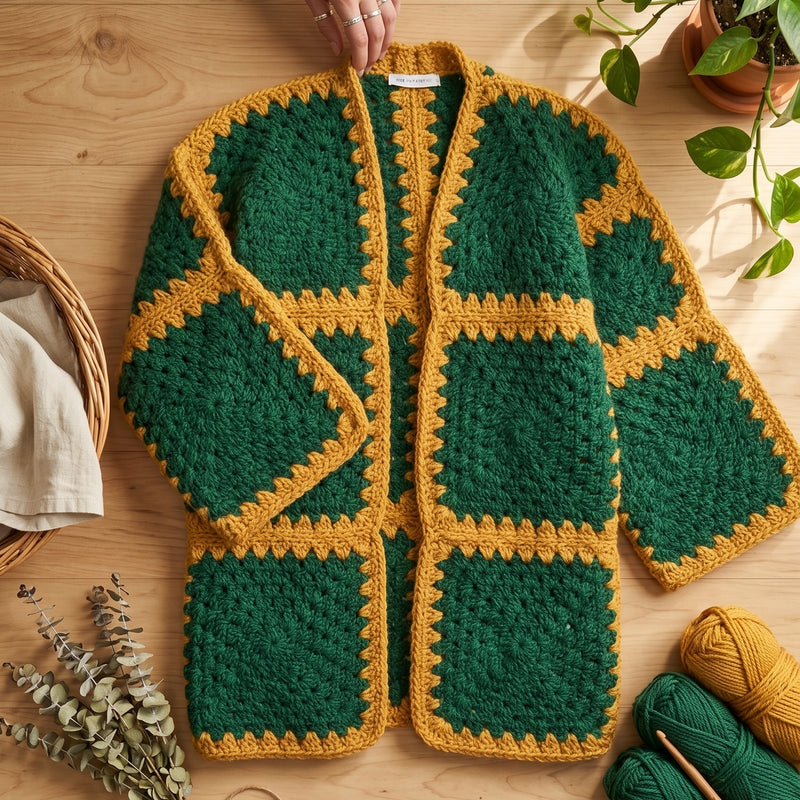 Crochet Granny Square Cardigan Pattern - Modern Color Block Autumn Sweater