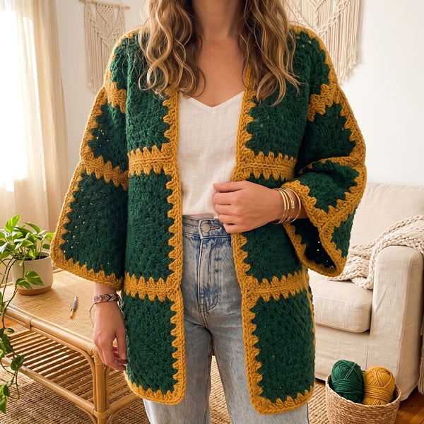 Crochet Granny Square Cardigan Pattern - Modern Color Block Autumn Sweater