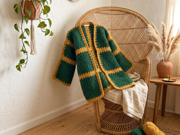 Crochet Granny Square Cardigan Pattern - Modern Color Block Autumn Sweater