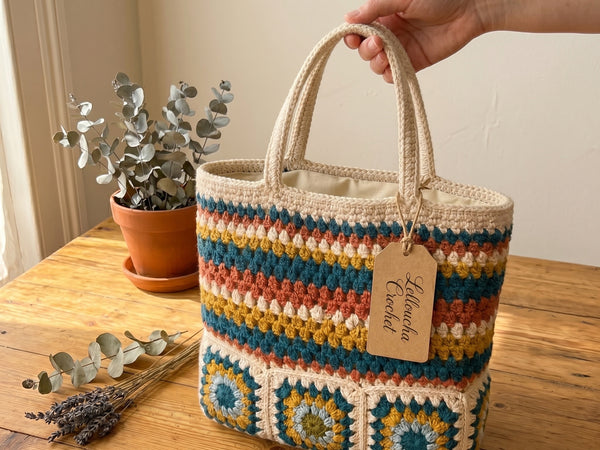 Crochet Tote Bag Pattern - Vibrant Striped Granny Square Market Bag with Colorful Texture
