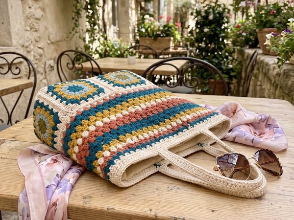 Crochet Tote Bag Pattern - Vibrant Striped Granny Square Market Bag with Colorful Texture
