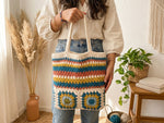Crochet Tote Bag Pattern - Vibrant Striped Granny Square Market Bag with Colorful Texture