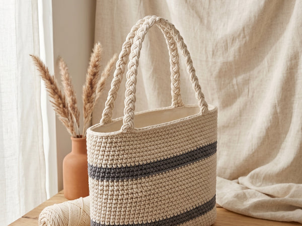Crochet Tote Bag Pattern - Elegant Striped Market Bag with Modern Neutral Design