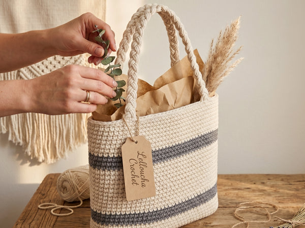 Crochet Tote Bag Pattern - Elegant Striped Market Bag with Modern Neutral Design