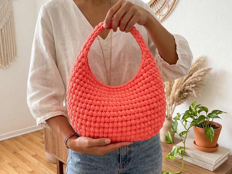 Crochet Hobo Bag Pattern - Trendy Coral Slouchy Shoulder Bag - No-Sewing Technique